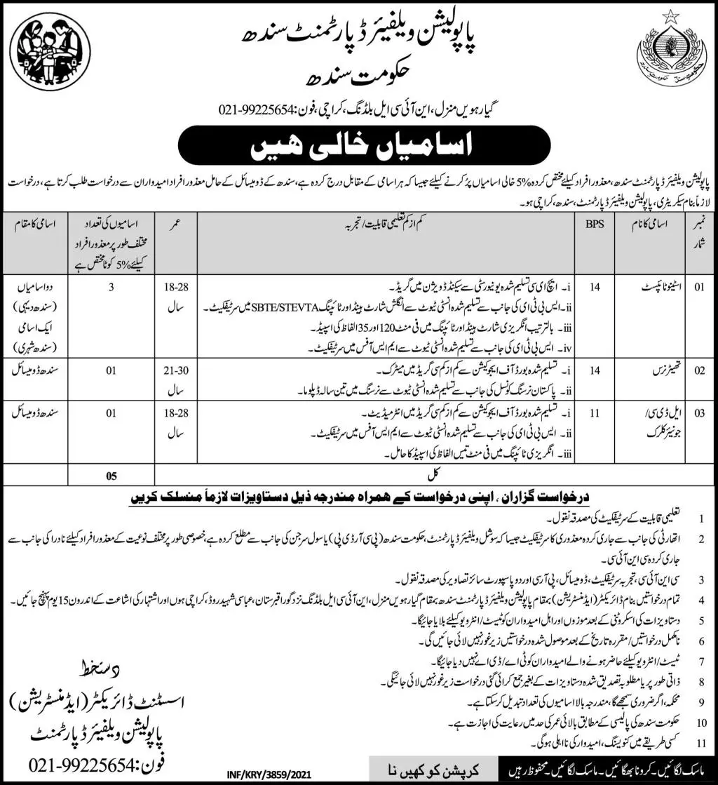 Jobs in Population Welfare Department  Sindh – Population Welfare Department Sindh Jobs 2021 — original advertisement