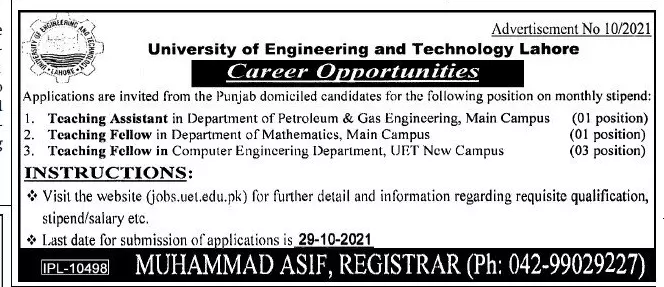 Jobs in University of Engineering and Technology – University of Engineering  & Technology Lahore Jobs 2021 — original advertisement