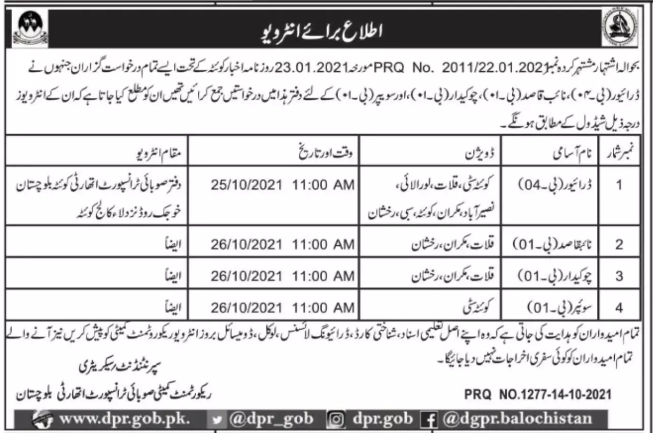 Interviews Provincial Transport Authority PTA Balochistan – Transport Department and Provincial Transport Authority Balochistan Jobs 2021 — original advertisement