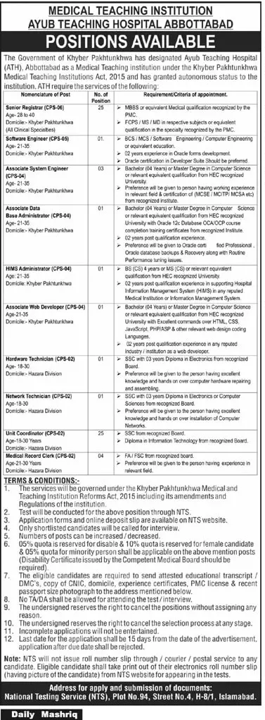 Jobs in MTI Ayub Teaching Hospital Abbottabad – Health Department KPK Jobs 2021 — original advertisement