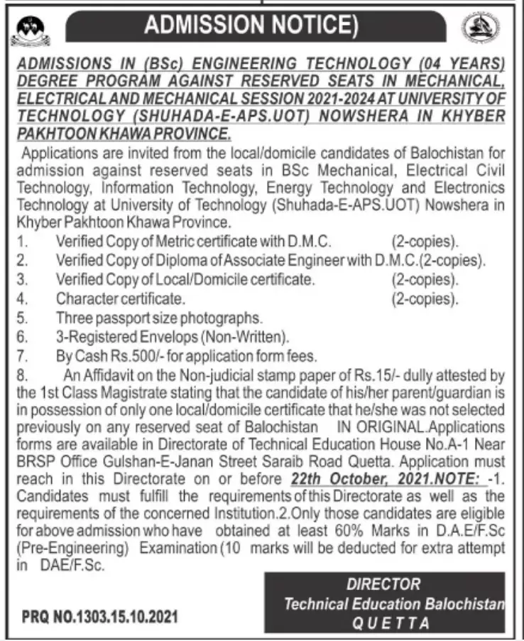 Admission in Engineering Technology Nowshera – Engineering Technology of Nosehra Admissions 2021 — original advertisement