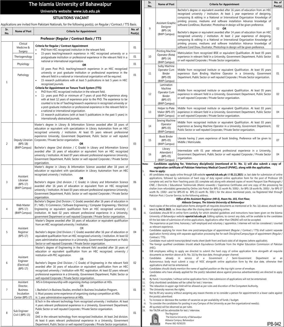 Jobs in Islamia University of Bahawalpur   2021 – Islamia University Bahawalpur Jobs 2021 — original advertisement