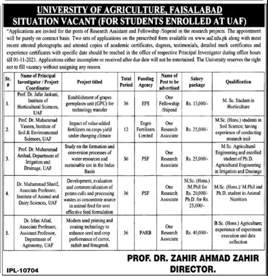 Jobs in University of Agriculture Faisalabad – Agriculture Department Punjab Jobs 2021 — original advertisement