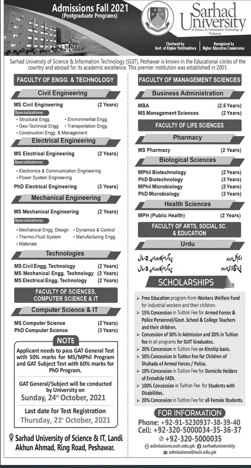 Admission of Sharad University Peshawar – Sarhad University of Science and Information Technology Peshawar Admissions 2021 — original advertisement