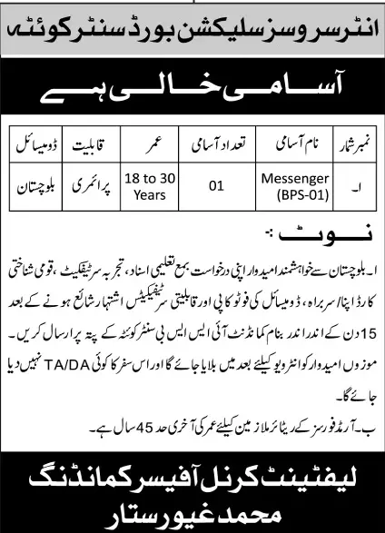 Jobs in Inter service Selection Board Quetta – Pakistan Army Jobs 2021 — original advertisement