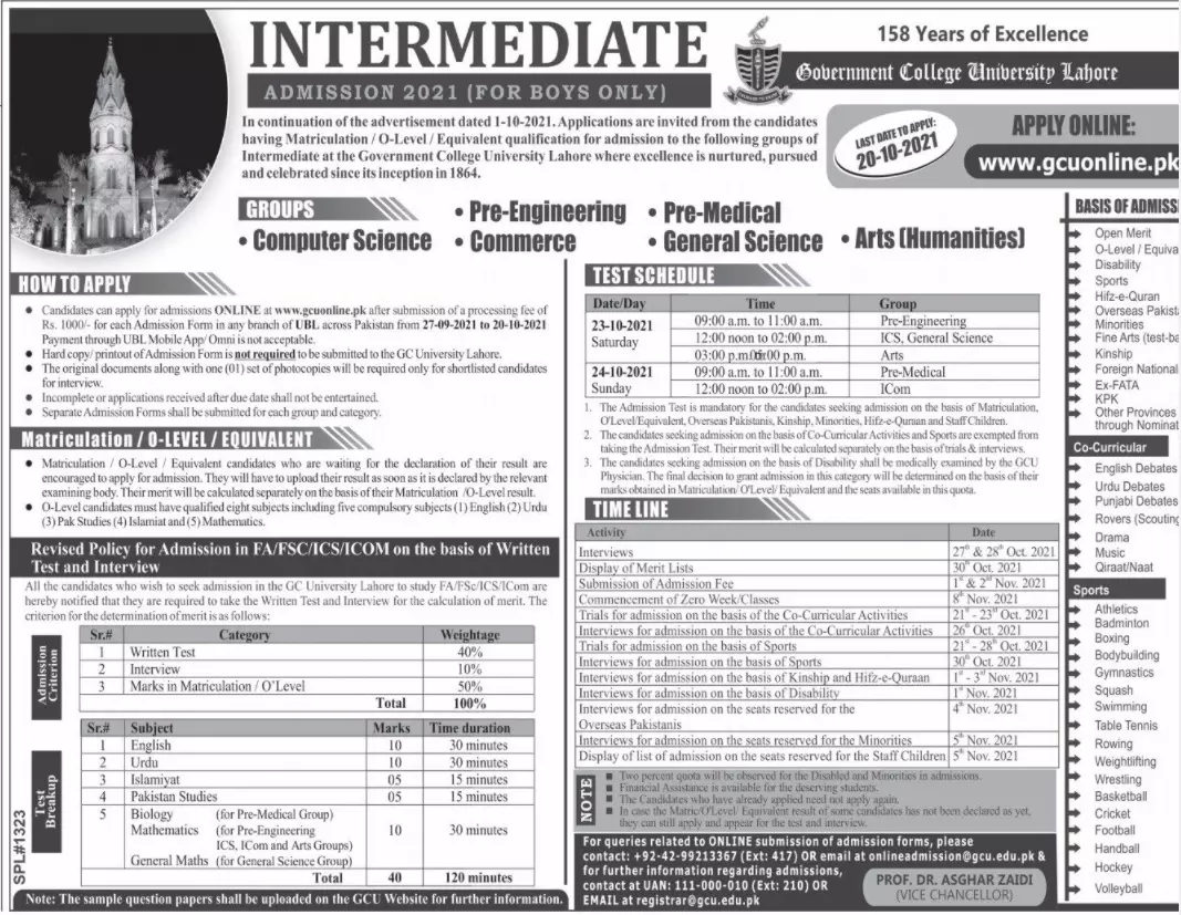Admission in Government College University Lahore Admissions 2021 — original advertisement