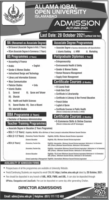Admission in Allama Iqbal Open University Islamabad Admissions 2021 — original advertisement