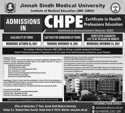 Admission in Jinnah Sindh Medical University – Jinnah Sindh Medical University Karachi Admissions 2021 — original advertisement