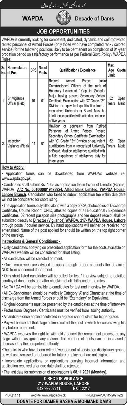 Jobs in WAPDA  in Lahore – Water and Power Development Authority Jobs 2021 — original advertisement