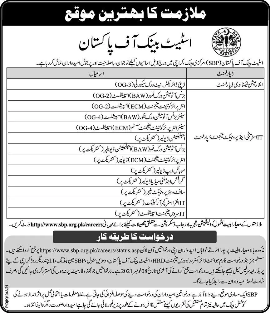 Jobs in State Bank Of Pakistan Jobs 2021 — original advertisement