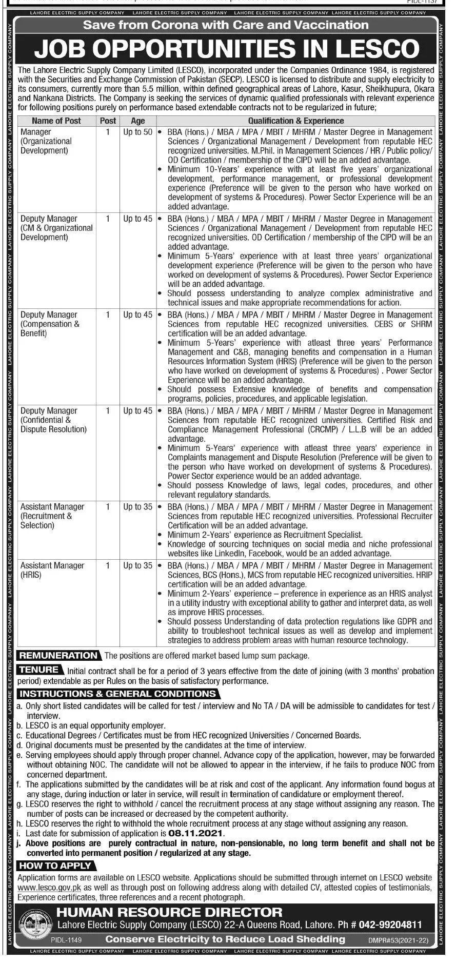 Jobs in Lahore Electric Supply Company Limited – Lahore Electric Supply Company LESCO Lahore Jobs 2021 — original advertisement