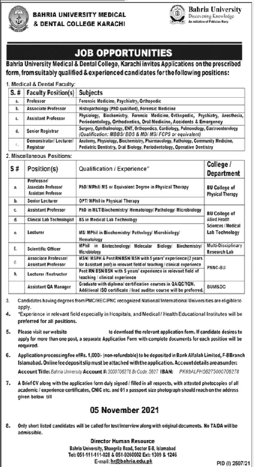 Jobs Behria University and Dental College Karachi 2021 – BAHRIA Education & Training Services Karachi Jobs 2021 — original advertisement