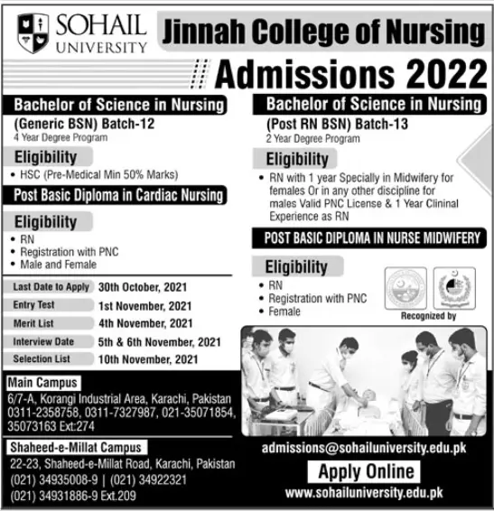 Admission in Jinnah College of Nursing 2022 – Jinnah Sindh Medical University Karachi Admissions 2021 — original advertisement