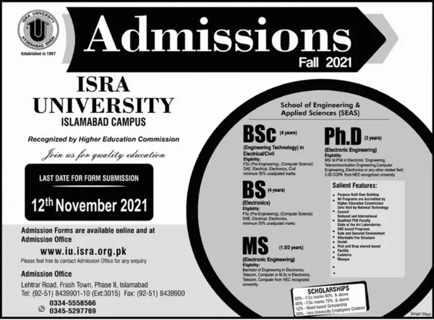 Admission in ISRA University Islamabad – Isra University Karachi Admissions 2021 — original advertisement