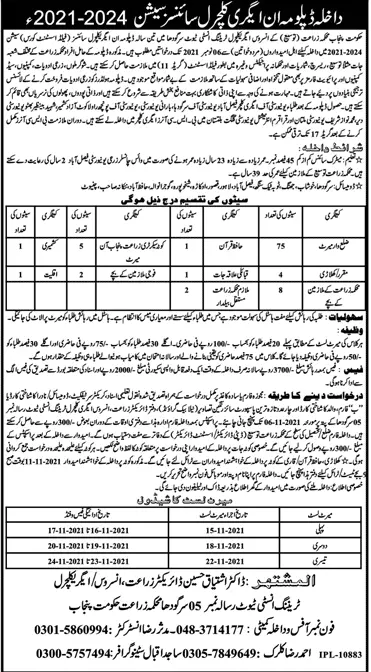 Admission Diploma in agriculture Sciences Session 2021-2024 – Agriculture Department Punjab Admissions 2021 — original advertisement