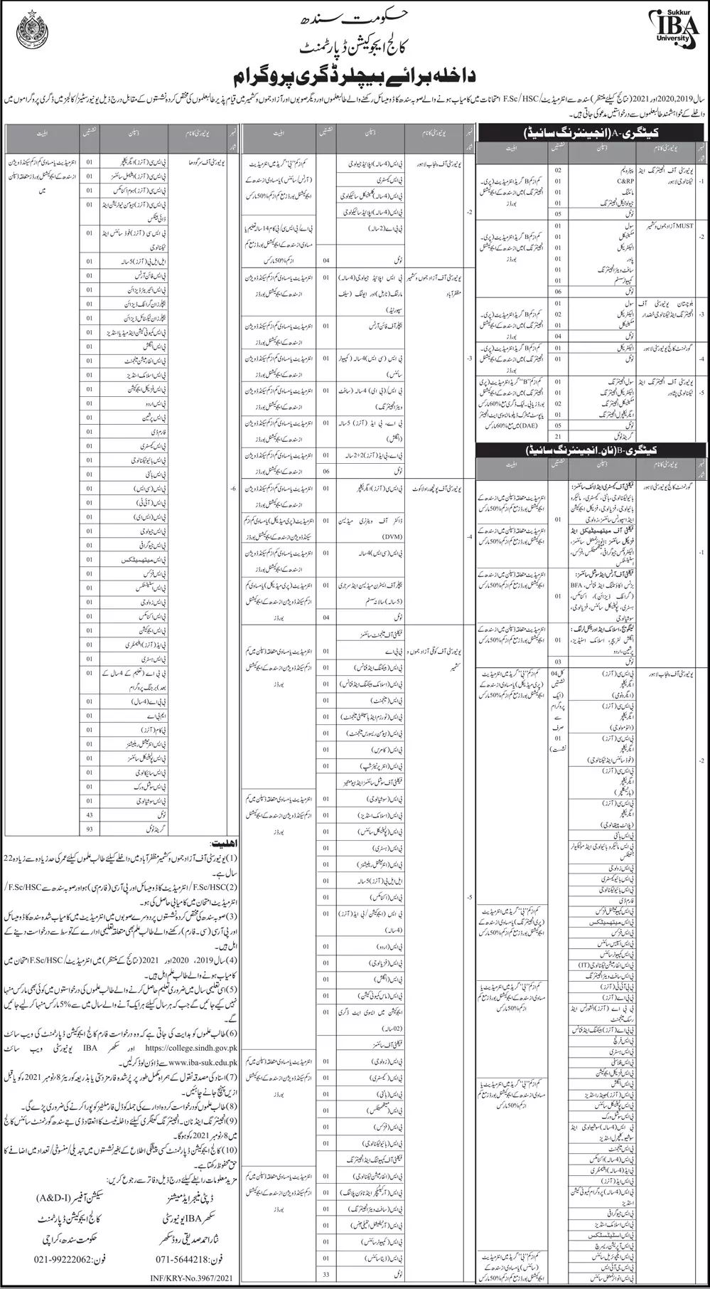 Admission in Sindh Govt  College Education Department Sindh Admissions 2021 — original advertisement