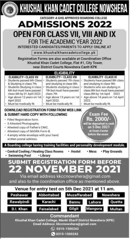 Admission in Khushal Khan Cadet College Nowshera For 2022 Admissions 2021 — original advertisement