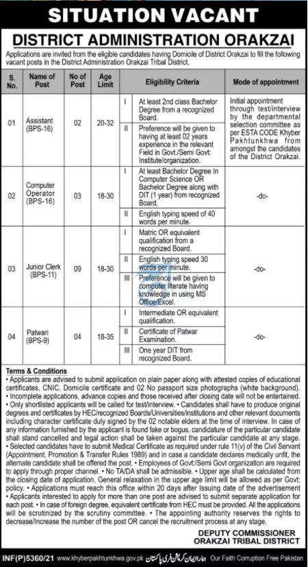 Jobs in District Administration Orakzai – Administration Department Government of Khyber Pakhtunkhwa Jobs 2021 — original advertisement