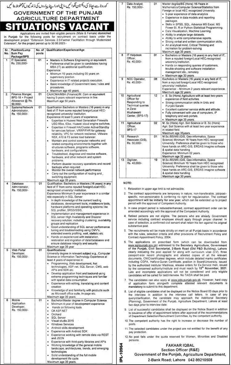 Jobs in Agriculture Department Govt of Punjab – Agriculture Department Punjab Jobs 2021 — original advertisement