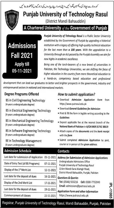 Admission in Punjab University of Technology Rasul – Punjab University of Technology Rasul District Mandi Bahaudin Admissions 2021 — original advertisement