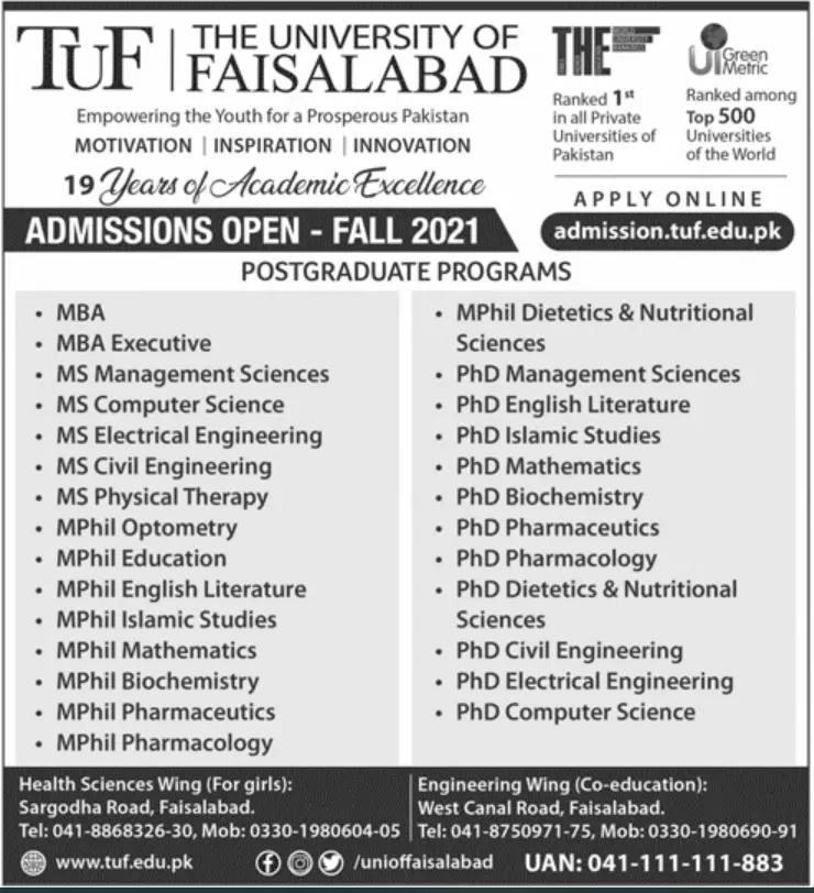 Admission in University of Faisalabad – Faisalabad Medical University, Faisalabad Admissions 2021 — original advertisement