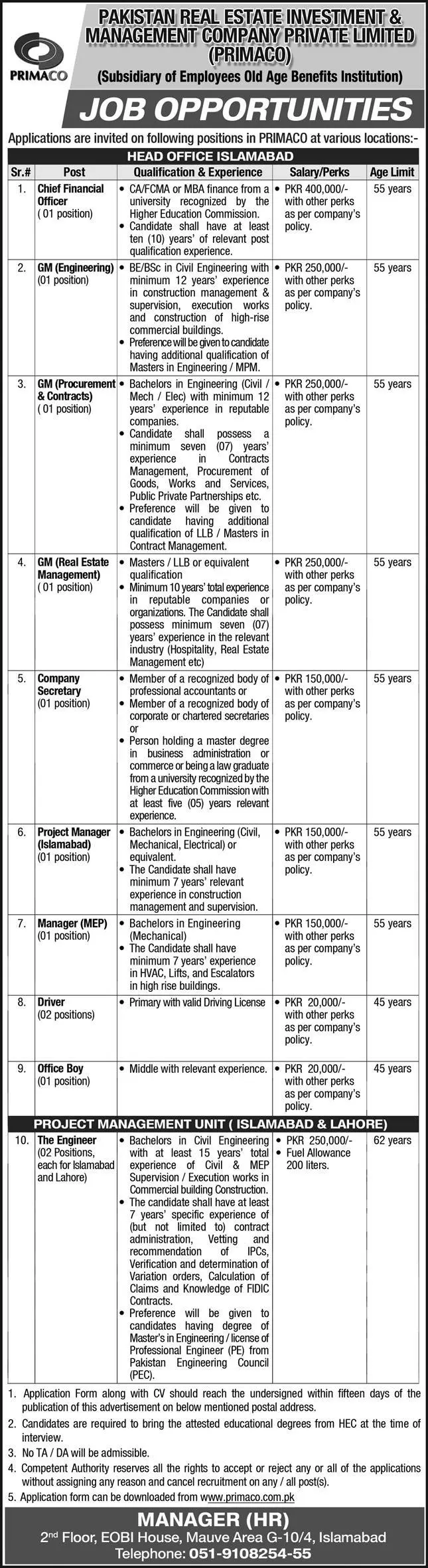 Jobs Real Estate Investment and Management Company – Pakistan Real Estate Investment and Management Company Pvt Ltd (PRIMACO) Jobs 2021 — original advertisement