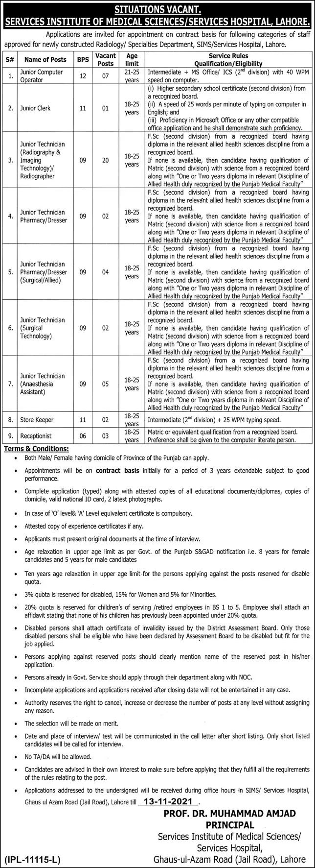 Jobs in Services Institute of Medical Science Lahore – Service Institute of Medical Sciences Services Hospital Lahore Jobs 2021 — original advertisement