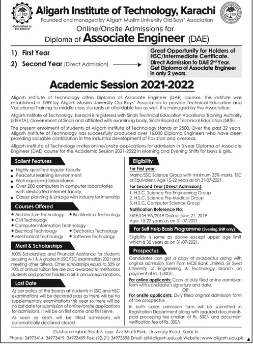 Admission Aligarh Institute of Technology Karachi 2021-22 Admissions 2021 — original advertisement