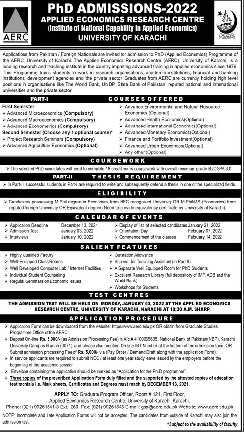 Admission in institute of National Capability Economic – University of Karachi Admissions 2021 — original advertisement