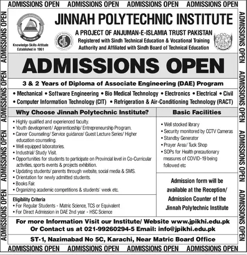Admission in Jinnah Polytechnic Institute – Sindh Technical Education and Vocational Training Authority Admissions 2021 — original advertisement