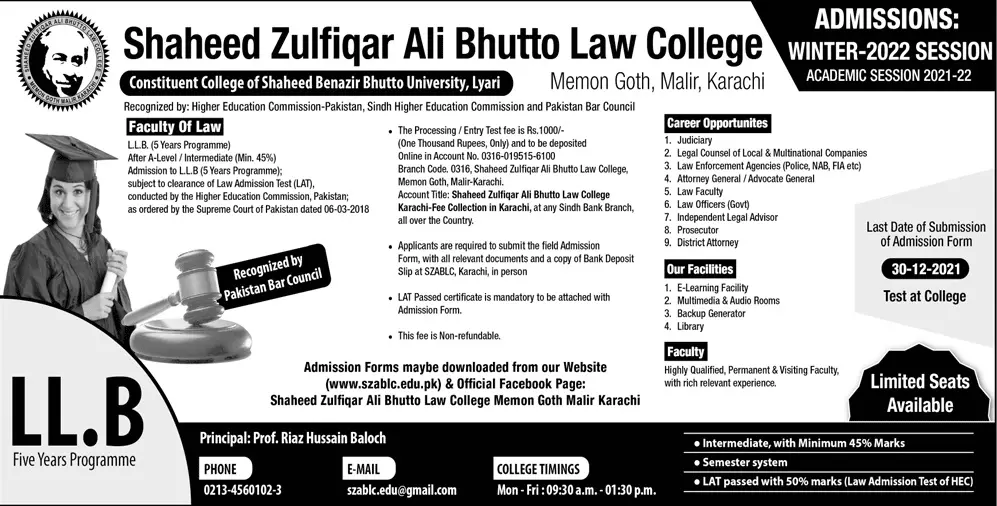 Admission in Shaheed Zilfiqar Ali Bhutto University of Law – Shaheed Zulfiqar Ali Bhutto University of Law Karachi Admissions 2021 — original advertisement