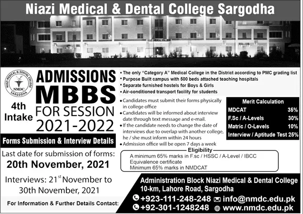 Admission in Niazi Medical and Dental College – Niazi Medical and Dental College Sargodha Admissions 2021 — original advertisement