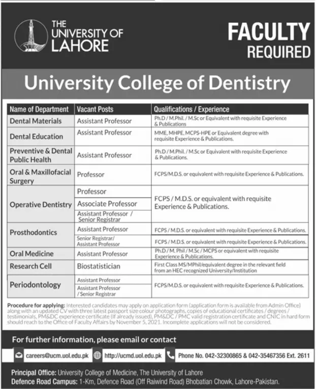 Jobs in University College of Dentistry – University of Lahore Jobs 2021 — original advertisement