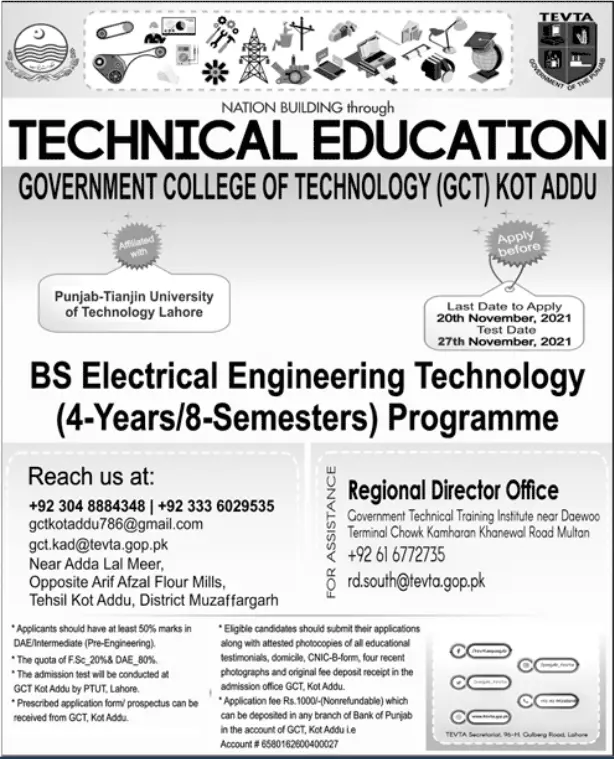 Admissions Govt College of Technology Kot  Addu – Technical Education & Vocational Training Authority TEVTA Punjab Admissions 2021 — original advertisement