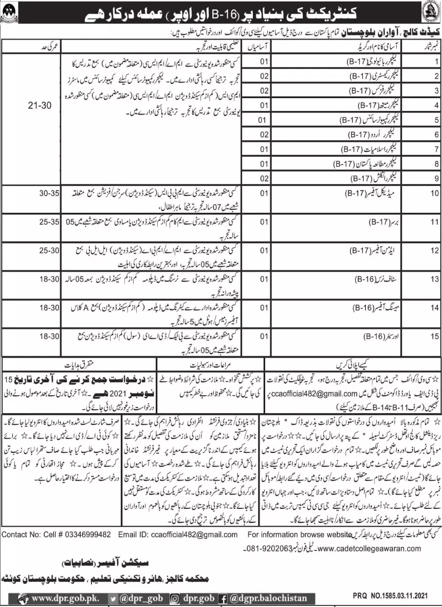 Jobs in Cadet College Awaran Balochistan – Bahria Foundation Jobs 2021 — original advertisement