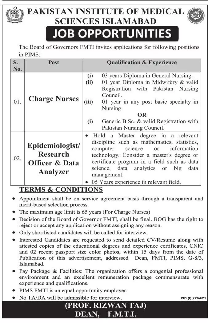 Jobs in Institute of Medical Sciences Islamabad – Health Department Islamabad Jobs 2021 — original advertisement