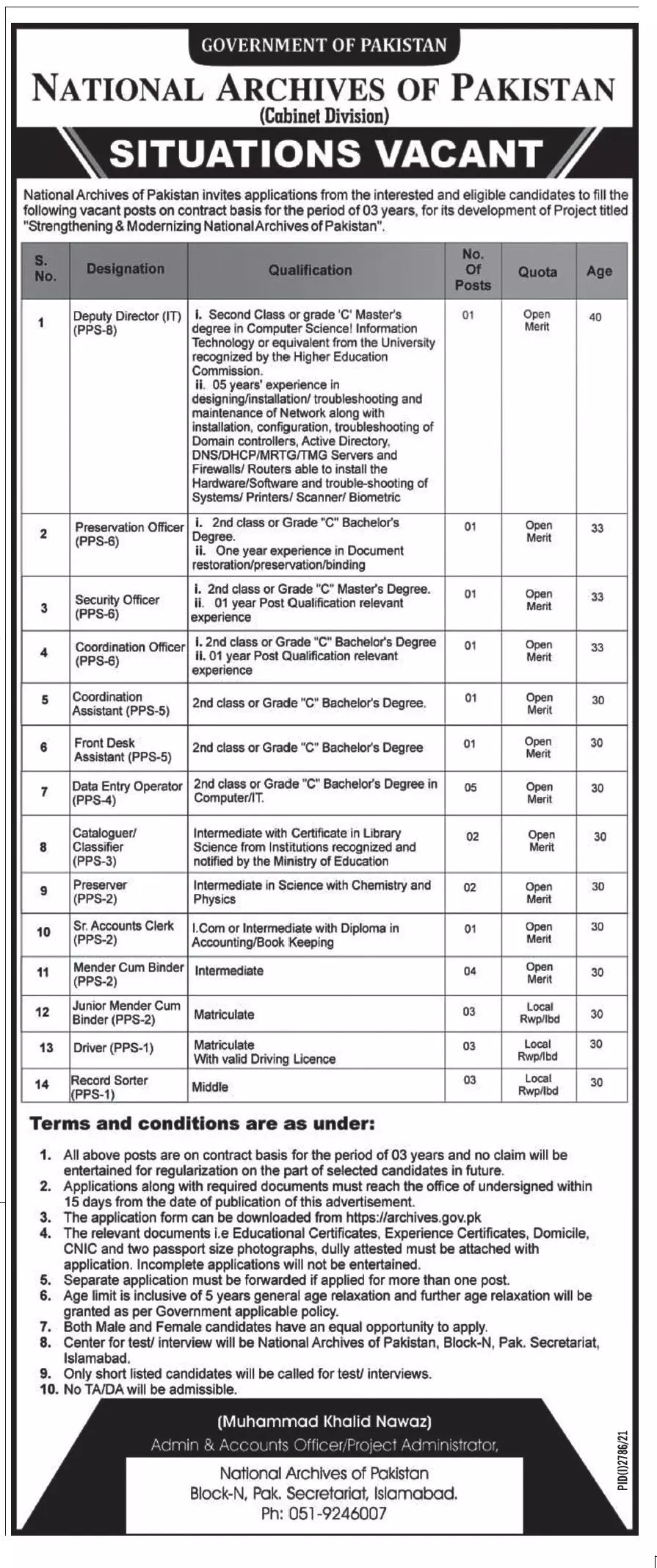 Jobs in National Achieves of Pakistan – Govt of Punjab Jobs 2021 — original advertisement
