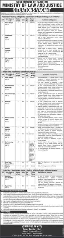 Jobs in Pakistan Ministry of law and justice 7-11-2021 – Ministry of Law and Justice Islamabad Jobs 2021 — original advertisement