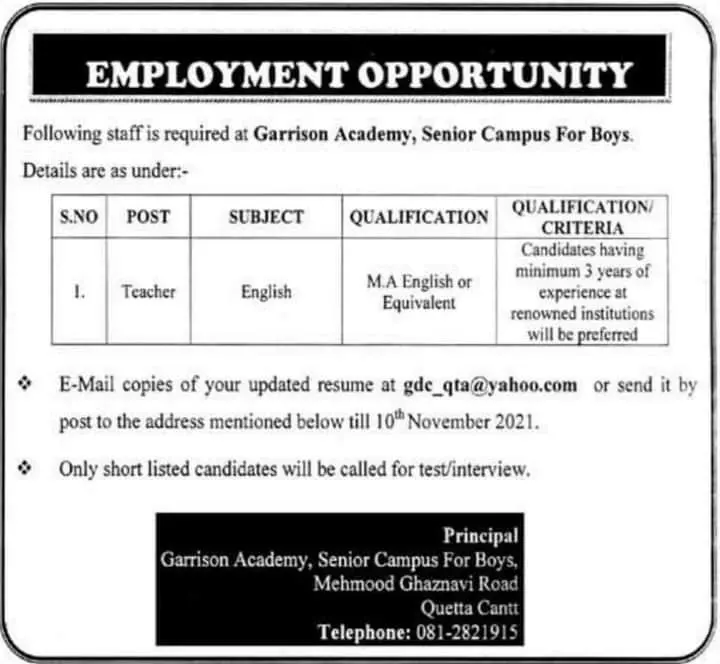 Jobs Garrison Academy Senior Campus Quetta Cantt – Private Sector Organization Jobs 2021 — original advertisement