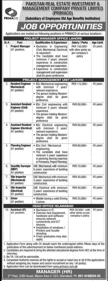 Jobs In Realestate Investment and Management Company – Pakistan Real Estate Investment & Management Company (Pvt) Limited Jobs 2021 — original advertisement