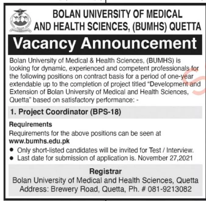 Jobs In Bolan university of medical sciences Quetta – Bolan University Of Medical And Health Sciences, Quetta Jobs 2021 — original advertisement