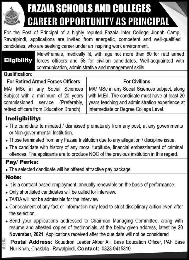 Job In Fazaiz Secondary Schools & Collages Rawalpindi – Private Sector Organization Jobs 2021 — original advertisement