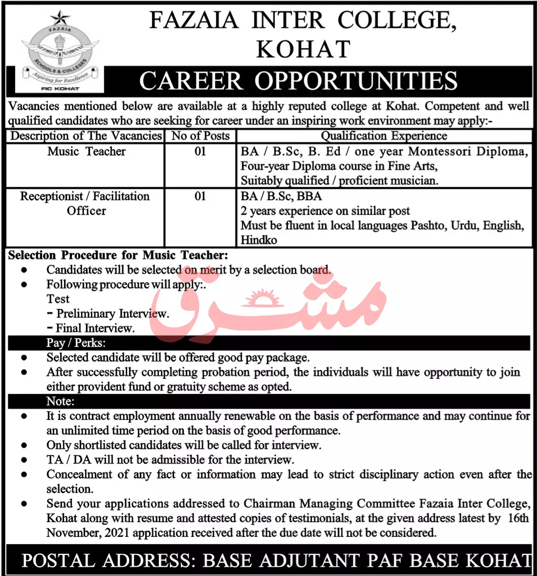 Jobs in Pakistan Faiza Inter Collage Kohat – Private Sector Organization Jobs 2021 — original advertisement