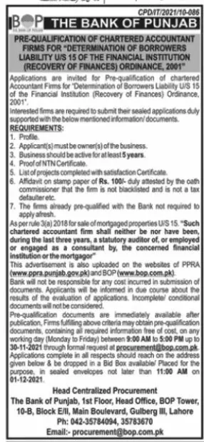 Jons in Pakistan The Bank Of Punjab Lahore Jobs 2021 — original advertisement