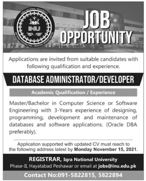 Jobs in Pakistan Data base adminestrater Hayatabad Peshawer – IQRA National University Pesawar Jobs 2021 — original advertisement