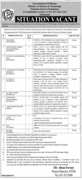 Jobs in Ministry of Science & Technology Pakistan Foundation – Ministry of Science & Technology Islamabad Jobs 2021 — original advertisement
