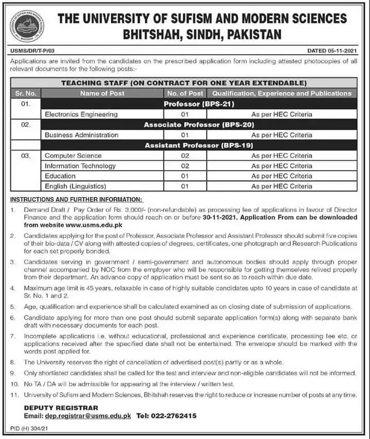 Jobs in Pakista university of sufism and modern sciences – University of Sindh Jamshoro Jobs 2021 — original advertisement