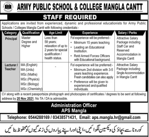Jobs in Army Public School & Collage Mangla Cantt Mirpur – Army Public School And College, Mangla Jobs 2021 — original advertisement