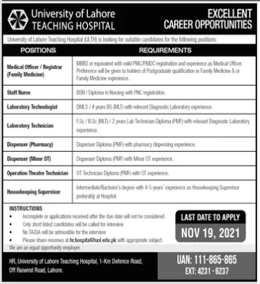 Jobs in University Of Lahore Teaching Hospital (ULTH) Jobs 2021 — original advertisement