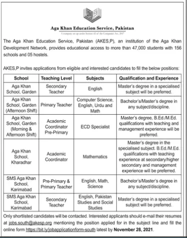 Jobs in Agha Khan Educational Servis Pakistan Karachi – Private Sector Organization Jobs 2021 — original advertisement